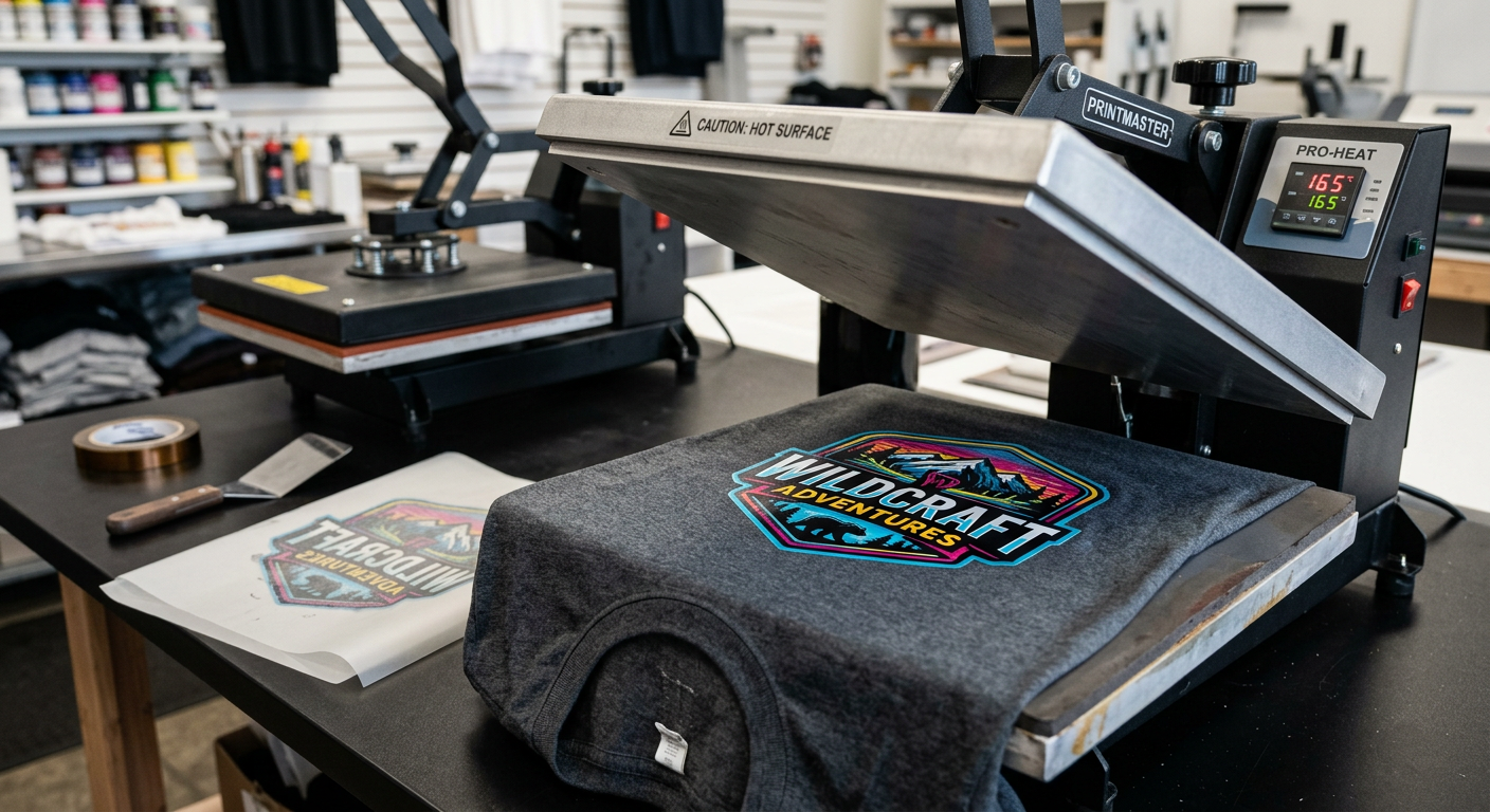 Close-up photorealistic view of a heat press opening over a charcoal cotton T-shirt with a vivid full-color DTF design, tr...