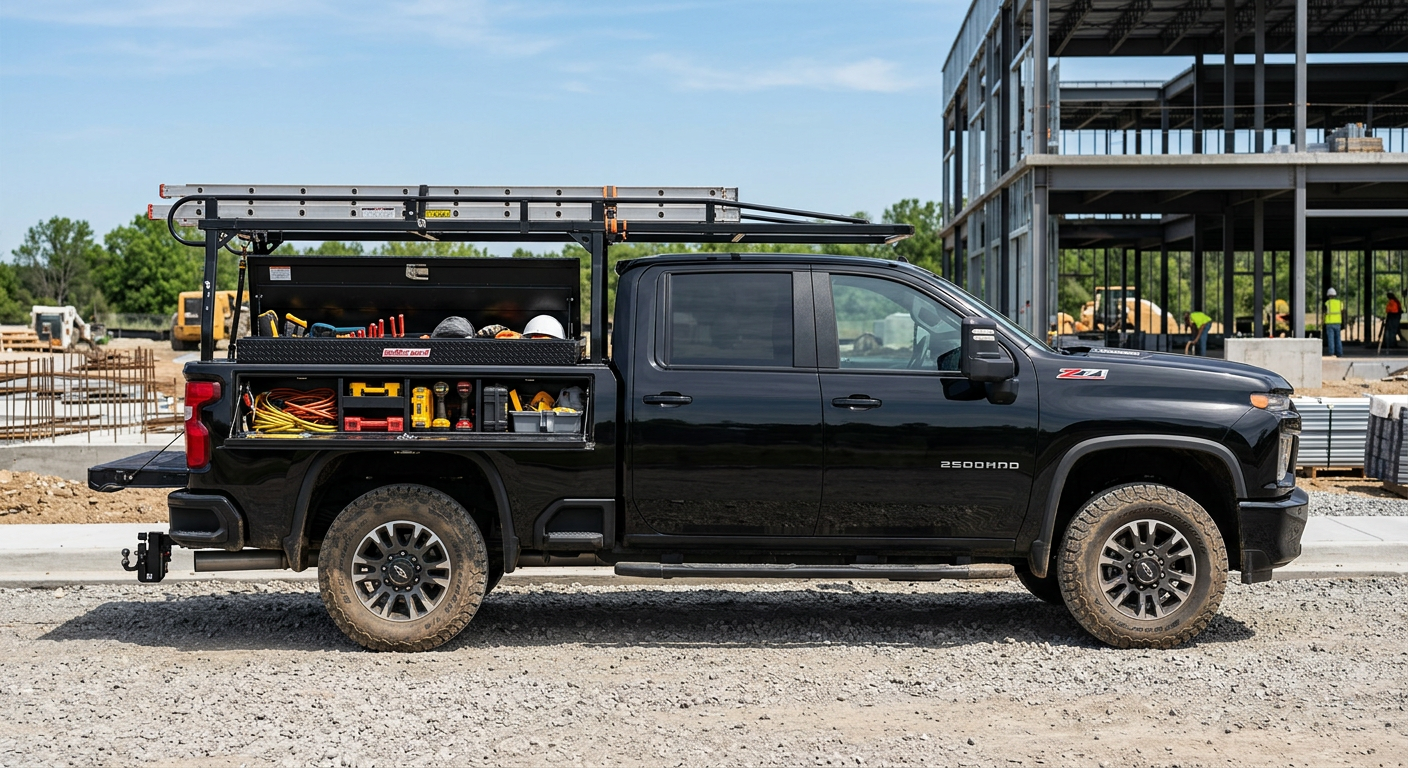 A black Chevrolet Silverado 2500HD work truck photographed from the side with an open bed showing organized tool storage, ...