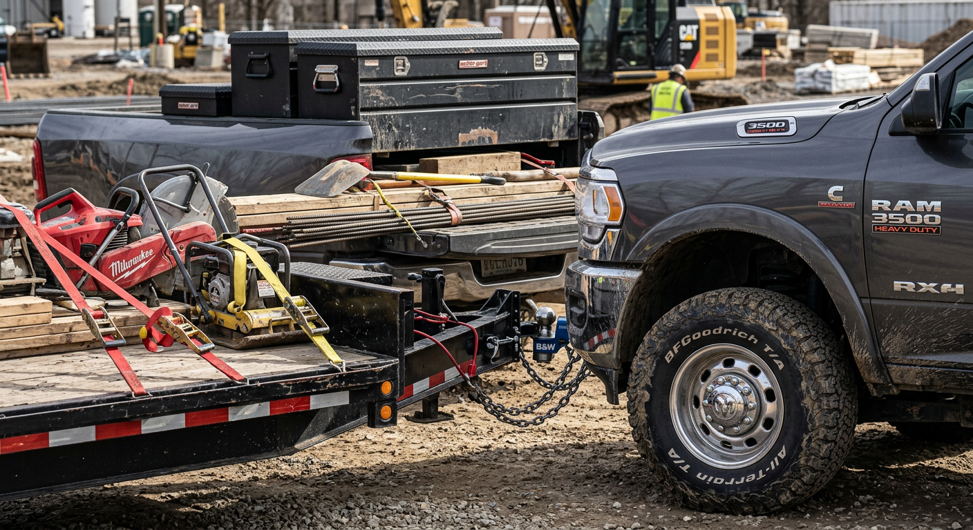 Close-up photorealistic view of a Ram 3500 long-bed work truck with a gooseneck trailer hitch, stacked toolboxes, heavy-du...
