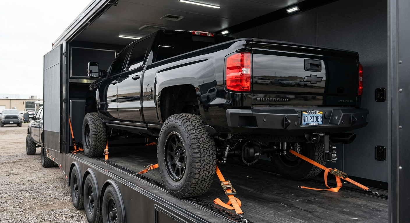 A custom lifted Chevrolet Silverado 2500HD secured on an enclosed transport trailer, viewed from the rear three-quarter an...