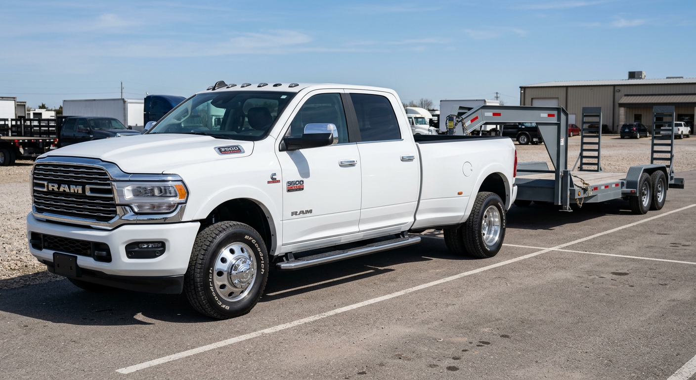A white Ram 3500 dually diesel truck with factory-style dimensions parked outdoors beside an open vehicle transport traile...