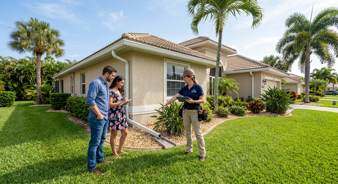 Photorealistic scene of a home inspector and first-time buyers reviewing a roof, exterior walls, and drainage around a Flo...