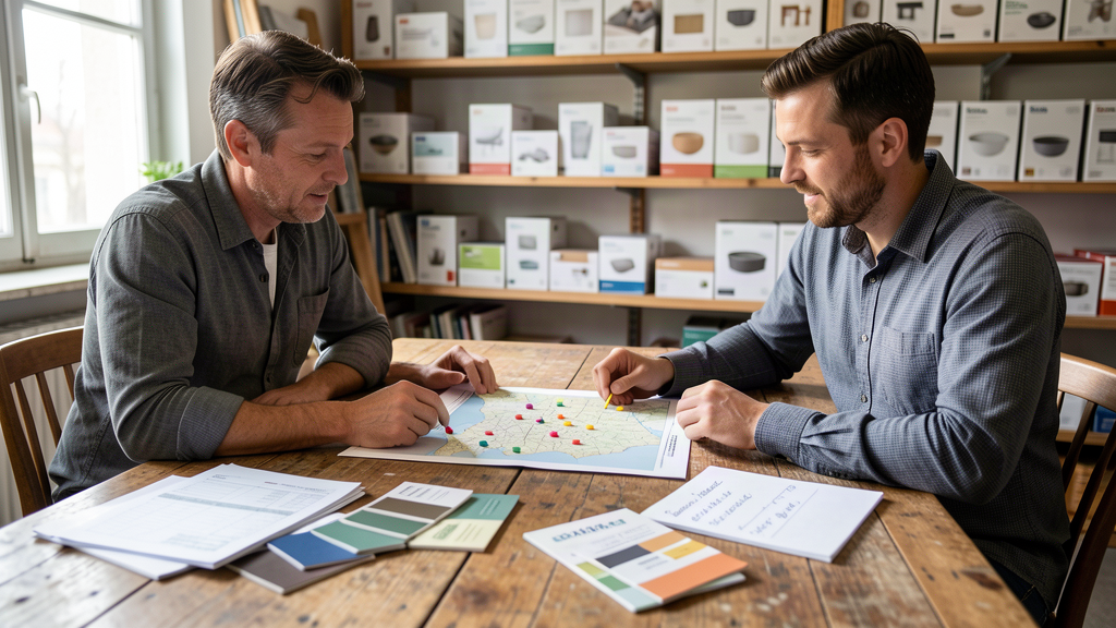 Équipe e-commerce comparant une carte locale et une grille de sélection d'agence