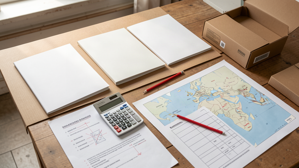 Table de travail avec dossiers de propositions et grille de sélection d'agence