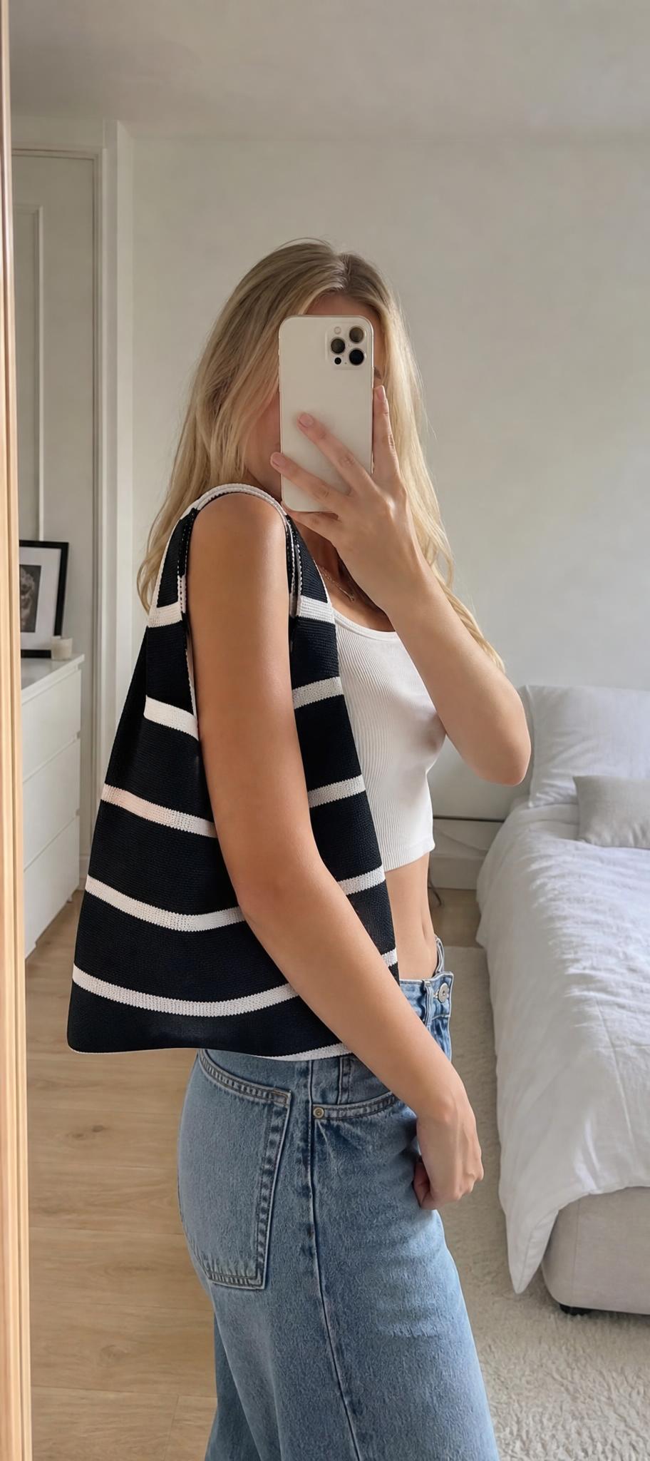 Black & White Knitted Striped Shoulder Bag Y2K