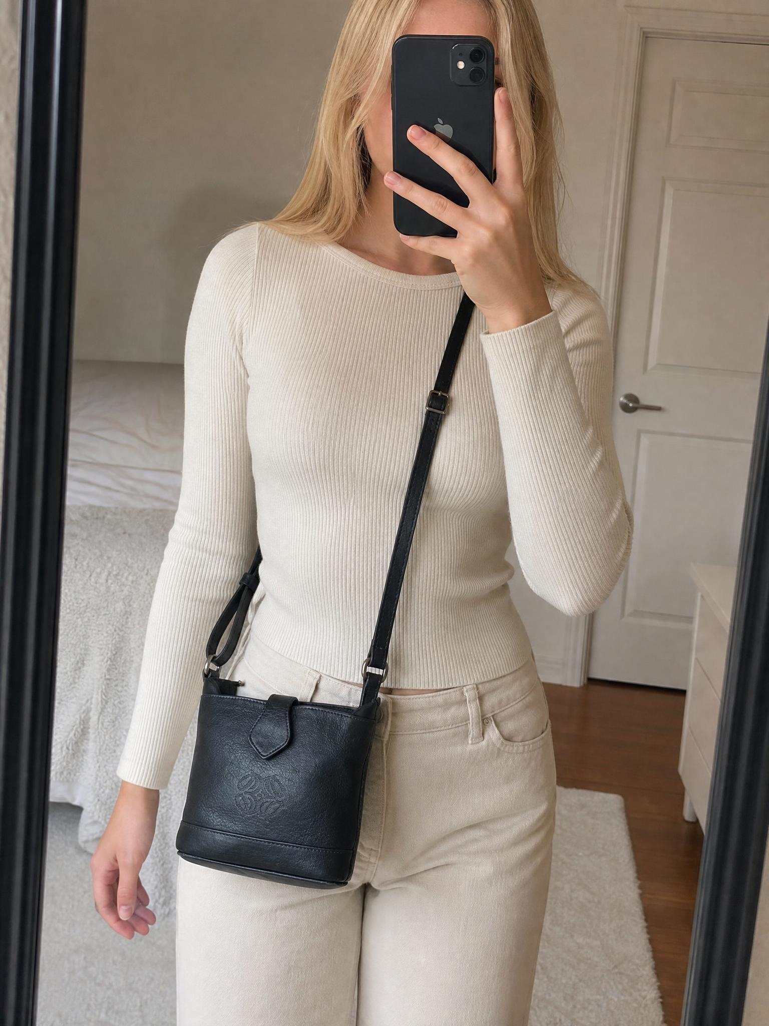 Black Faux Leather Shoulder Bag with Embossed Logo