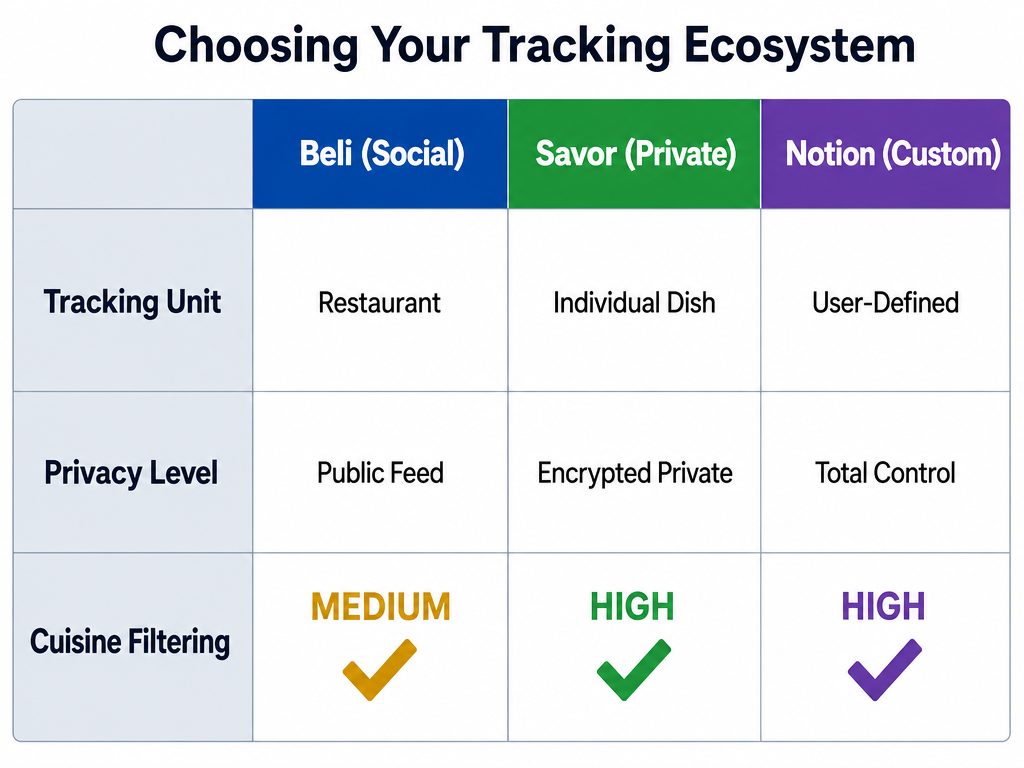 A hierarchy diagram showing food metadata levels from broad cuisine type down to specific dish aromatics and final 1-10 ratings.