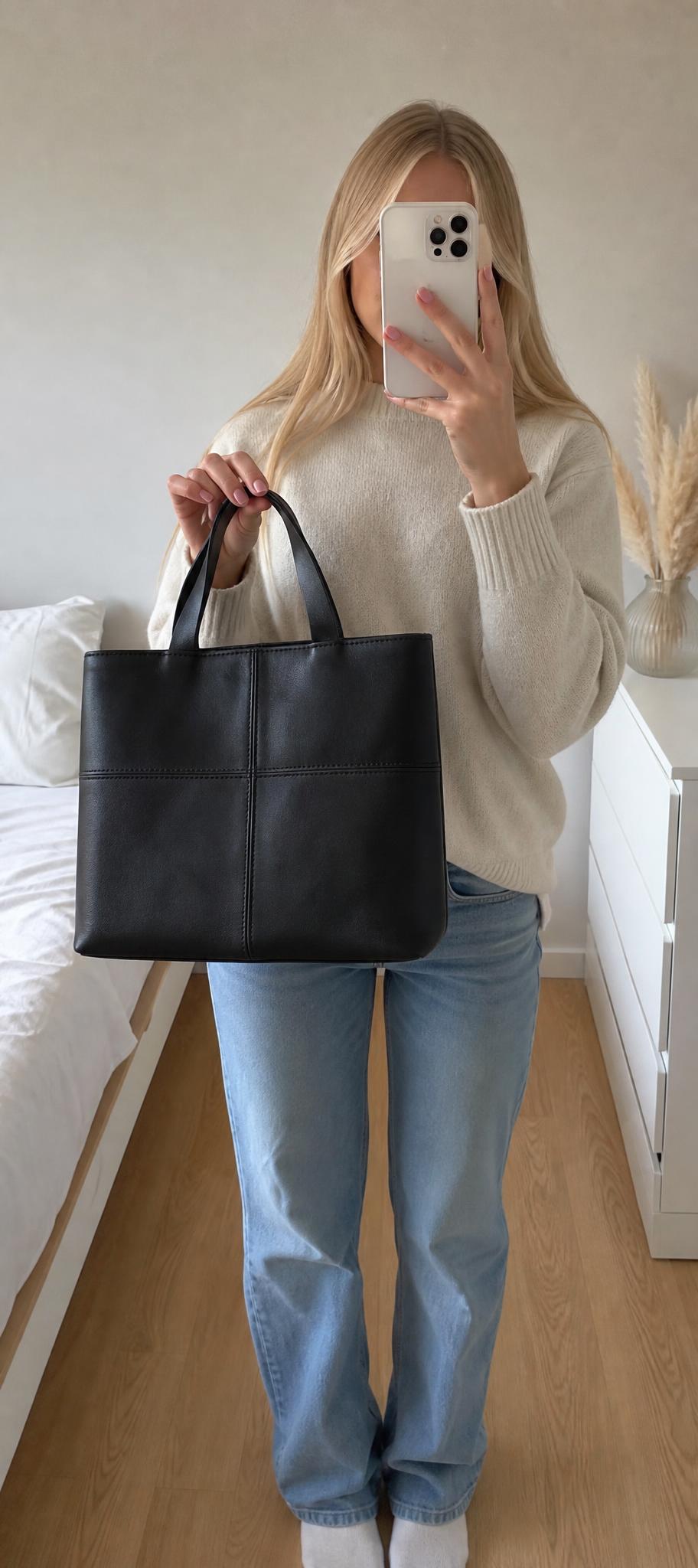 Black Faux Leather Tote Bag with Structured Handles - Very Good