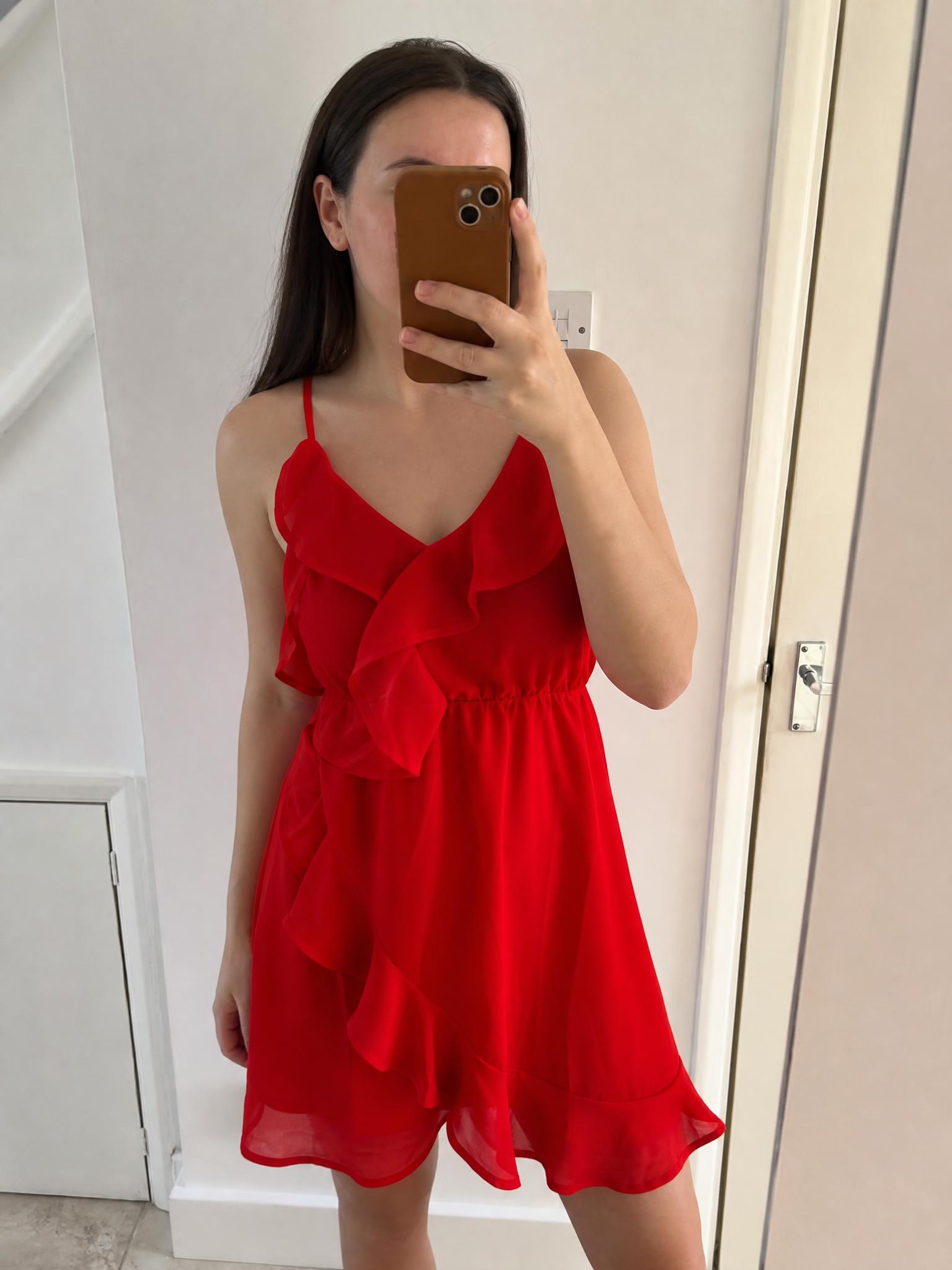 Red Chiffon Ruffle Playsuit with Elastic Waist - New