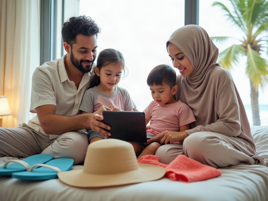 A family packing suitcases in a living room, highlighting the planning process.