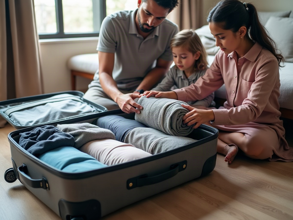 A child holding a checklist near an open suitcase.