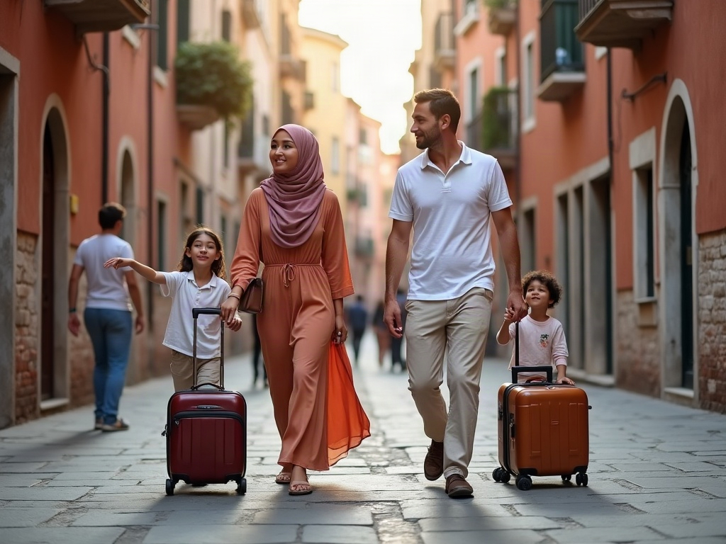 A family easily navigating an airport with only small carry-on suitcases.
