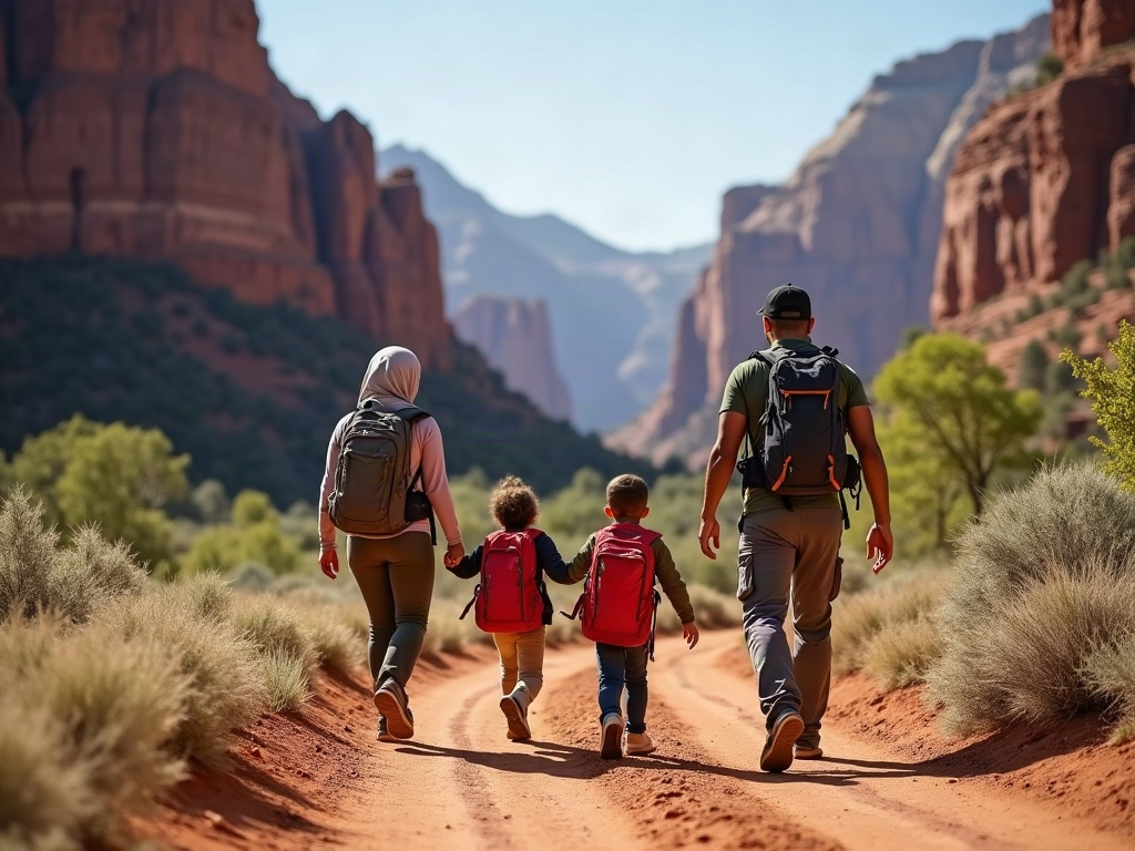 A family happily walking down a cobblestone street, holding hands, unburdened by heavy bags.
