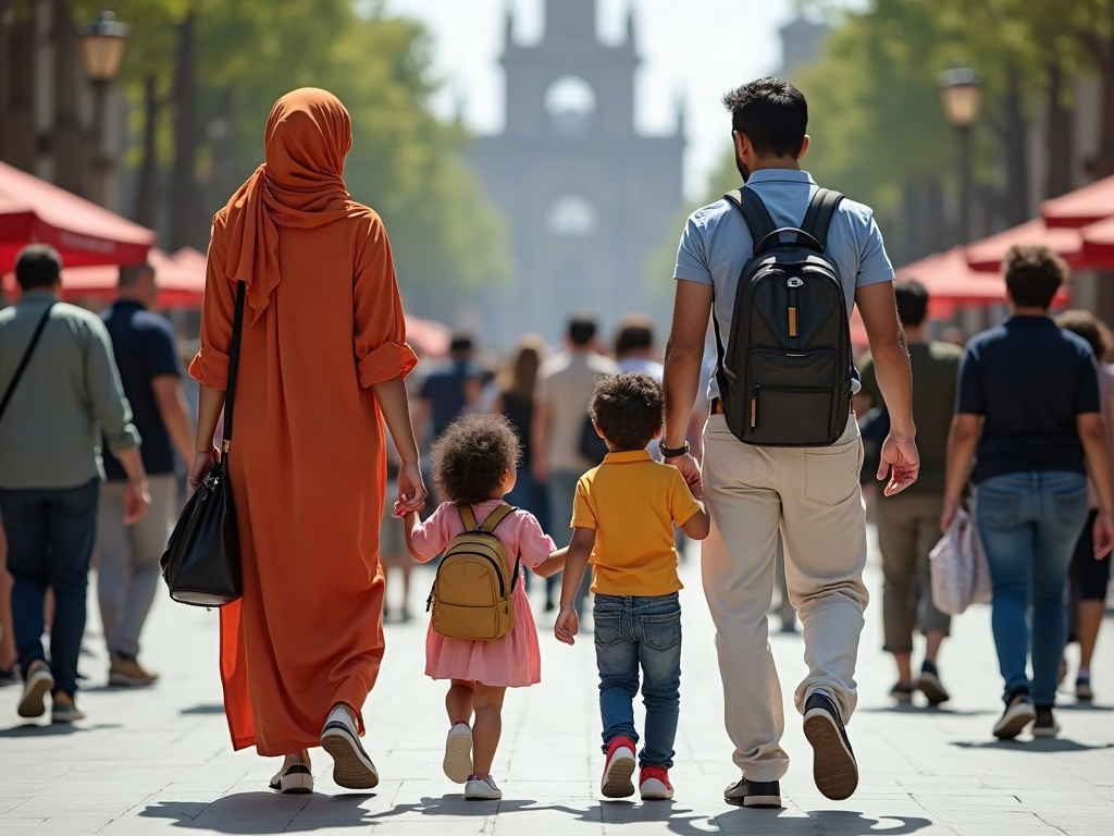 A family looking confused while searching through their luggage in a busy European train station.