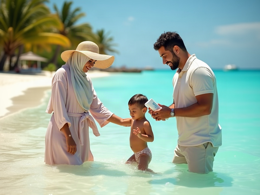 A family adjusting to different temperatures and comforts on a vacation, showcasing layered clothing and a toddler with a blanket.