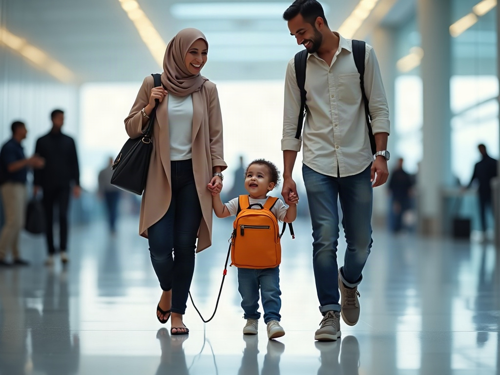 A flat lay of infant and toddler travel essentials, including a travel crib, diapers, sleep sacks, and small snacks.