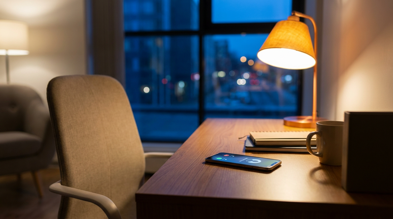 Rustige receptiebalie in de avond met een oplichtende telefoon die overgaat