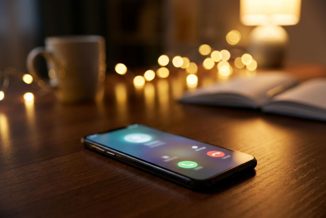 Smartphone op een bureau die 's avonds oplicht met een inkomende oproep