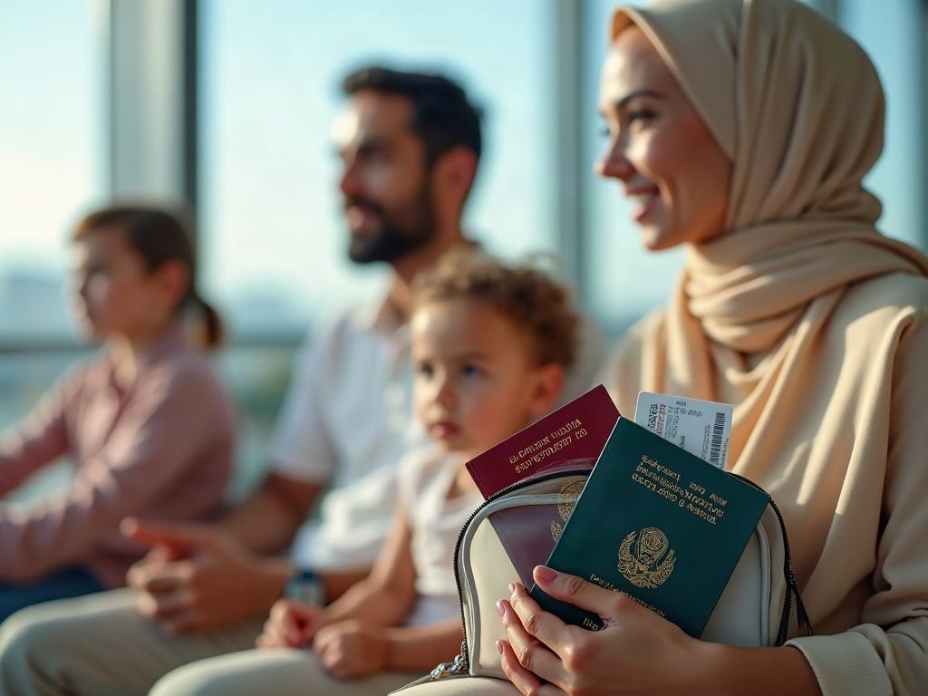 A family walking through an airport concourse, with the parent pulling a well-organized carry-on suitcase and a small backpack.