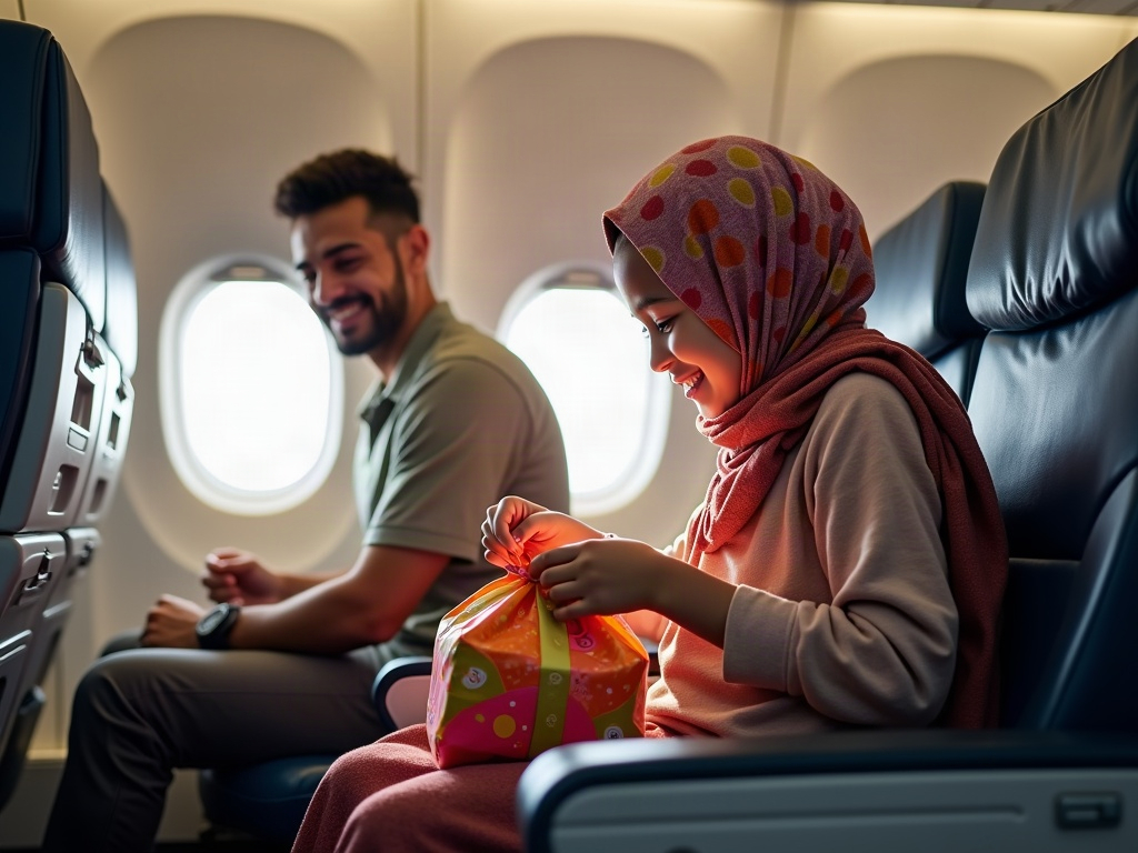 A comparison image showing an adult loading a hard-shell rolling suitcase into an overhead bin, while a child wears a small, brightly colored backpack.