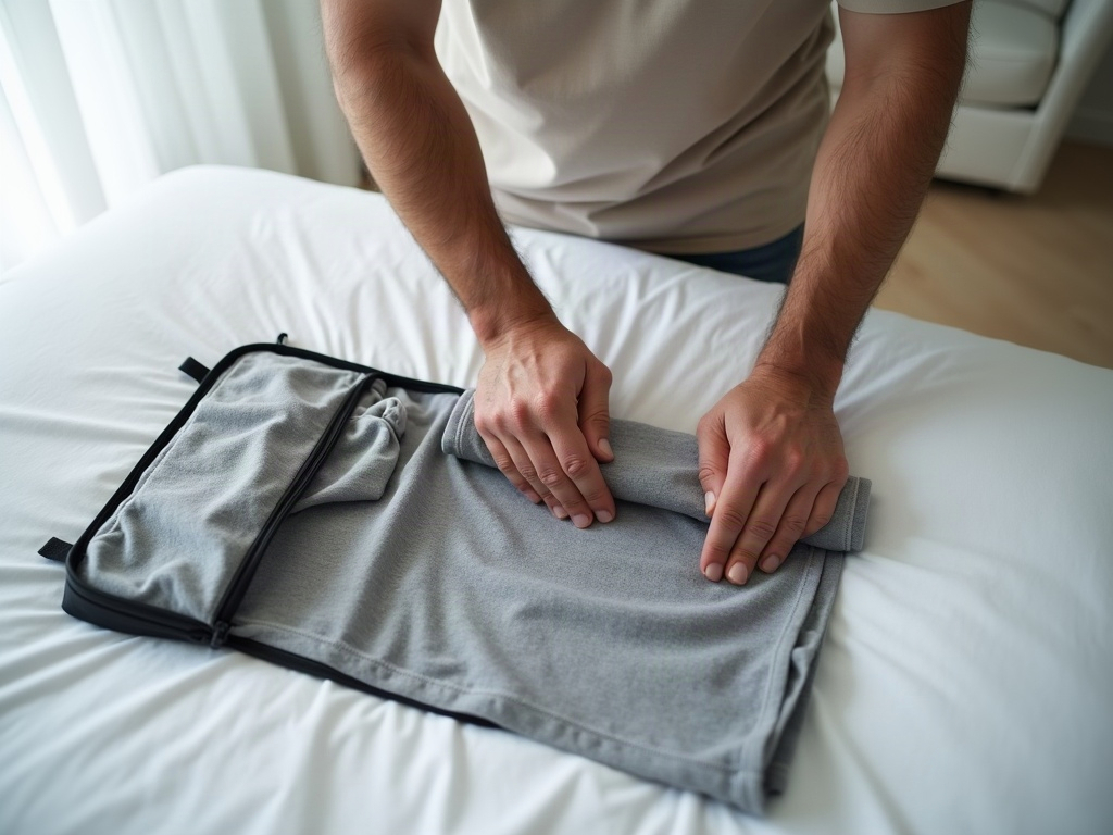 A close-up view of clothing being tightly rolled and placed into a small compression packing cube, demonstrating a space-saving technique.