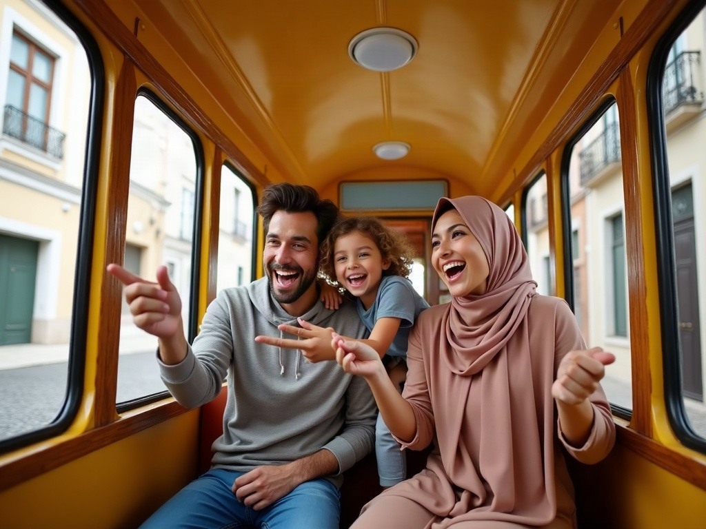 A family riding a scenic tram or a double-decker bus in a city, enjoying the views.
