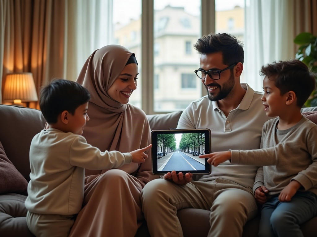 A family looking at a tablet together, planning their vacation.