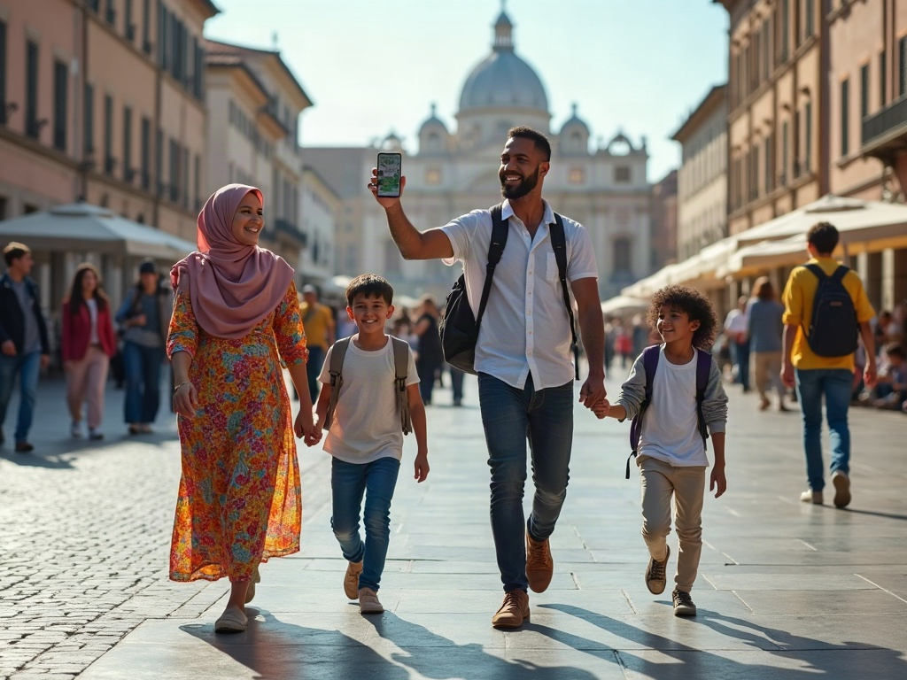 A family using a group chat to coordinate activities while on vacation.