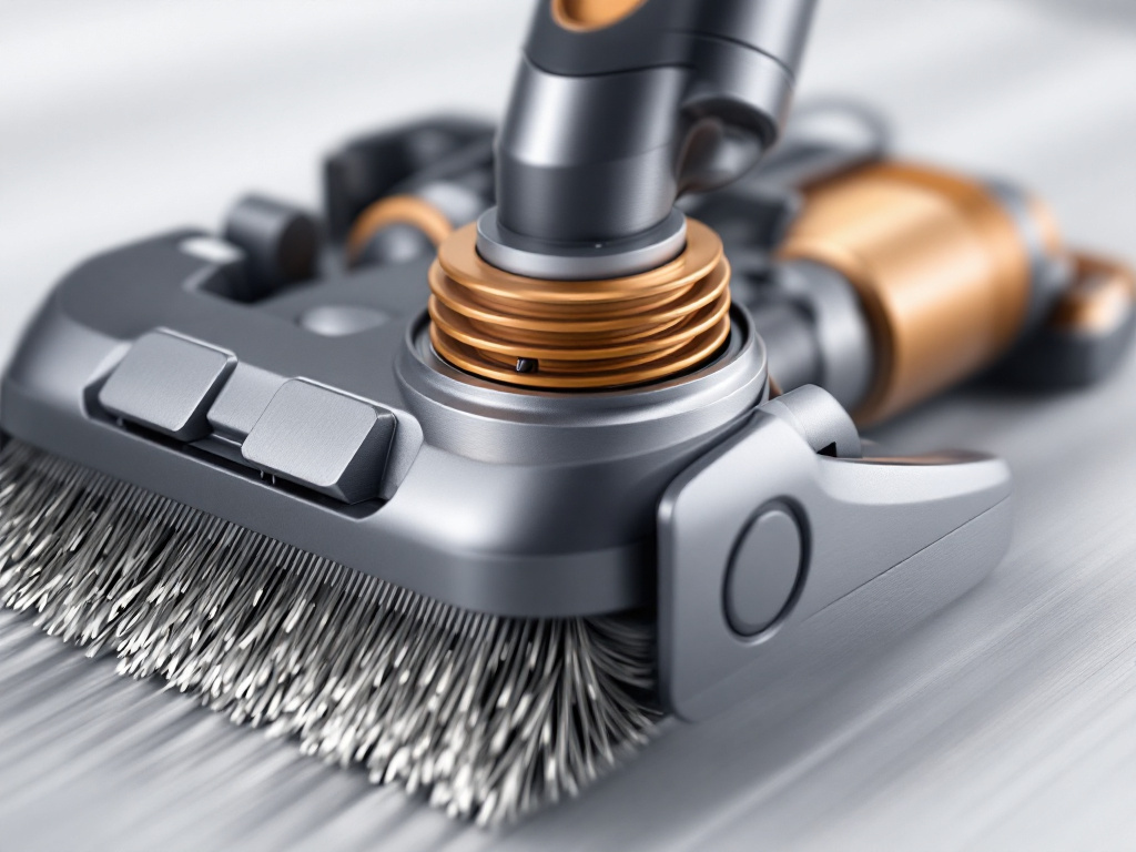 Close-up of cordless vacuum's motorized brush head showing metallic components and bristles in detail