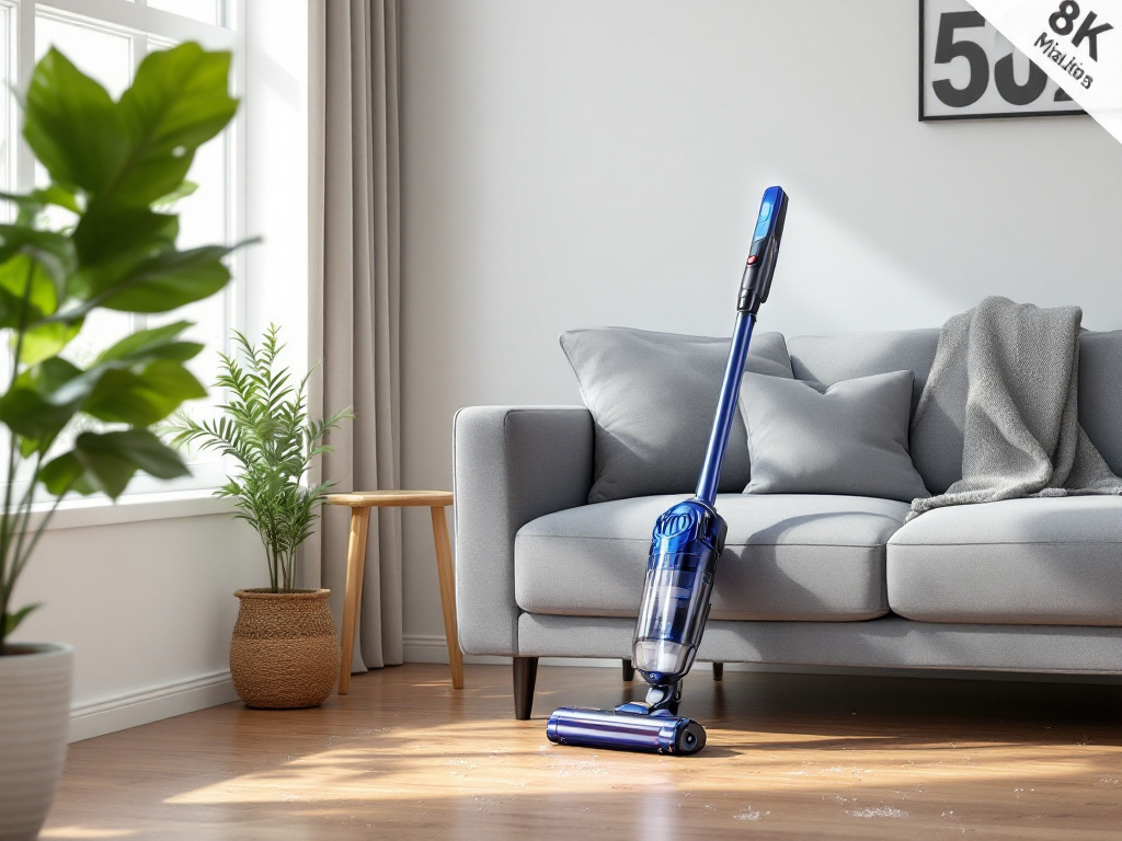 Cordless vacuum positioned in a living room next to a sofa, showing the product in a home cleaning environment