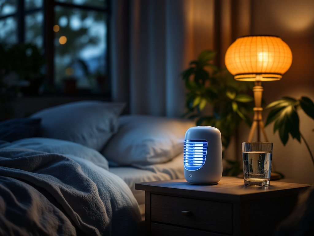 Bug zapper on bedroom nightstand next to lamp and glass, evening room setting with window light