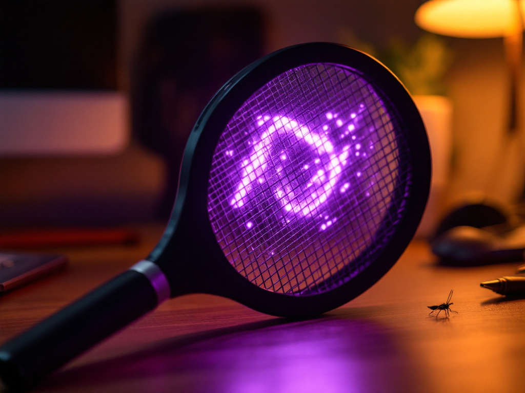 Close-up of bug zapper racket's electrified purple grid mesh with shallow focus detail