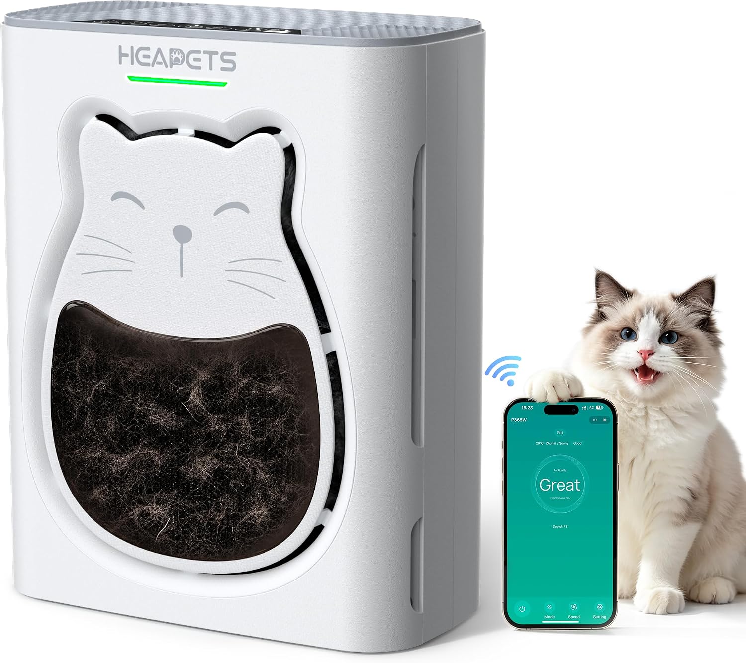 Pet air purifier operating in a home living room with visible air quality monitor display and pet-filled environment