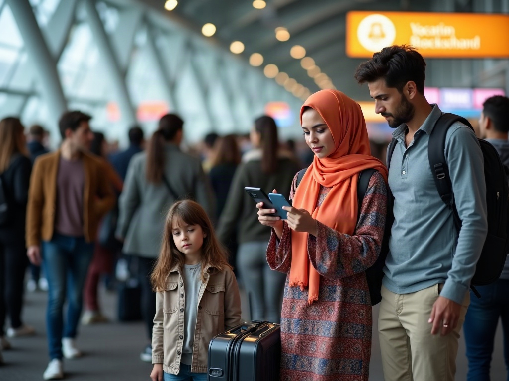 A family struggling with a loading screen at an entrance compared to a smooth scan of an offline QR code.