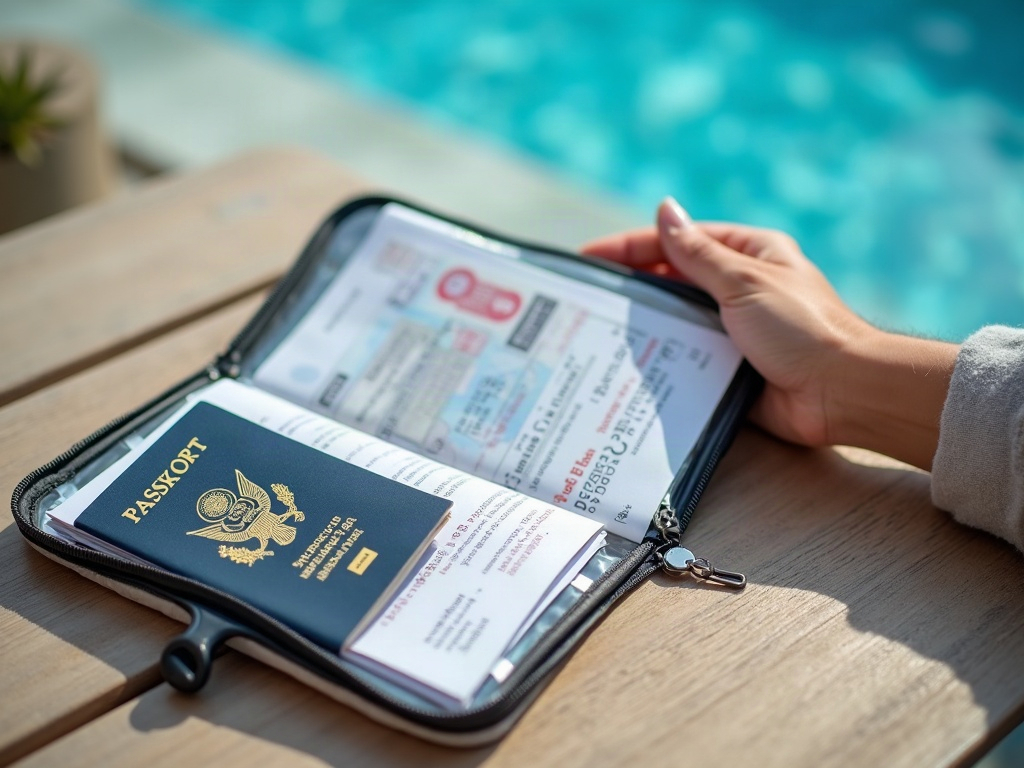 A composite image showing physical printed copies of passports and insurance cards inside a waterproof pouch, acting as a final offline failsafe.