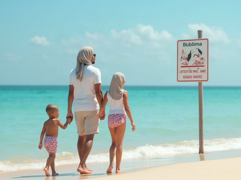 Image depicting a warning sign (e.g., at a beach) with an overlay of the translated text via a camera app.