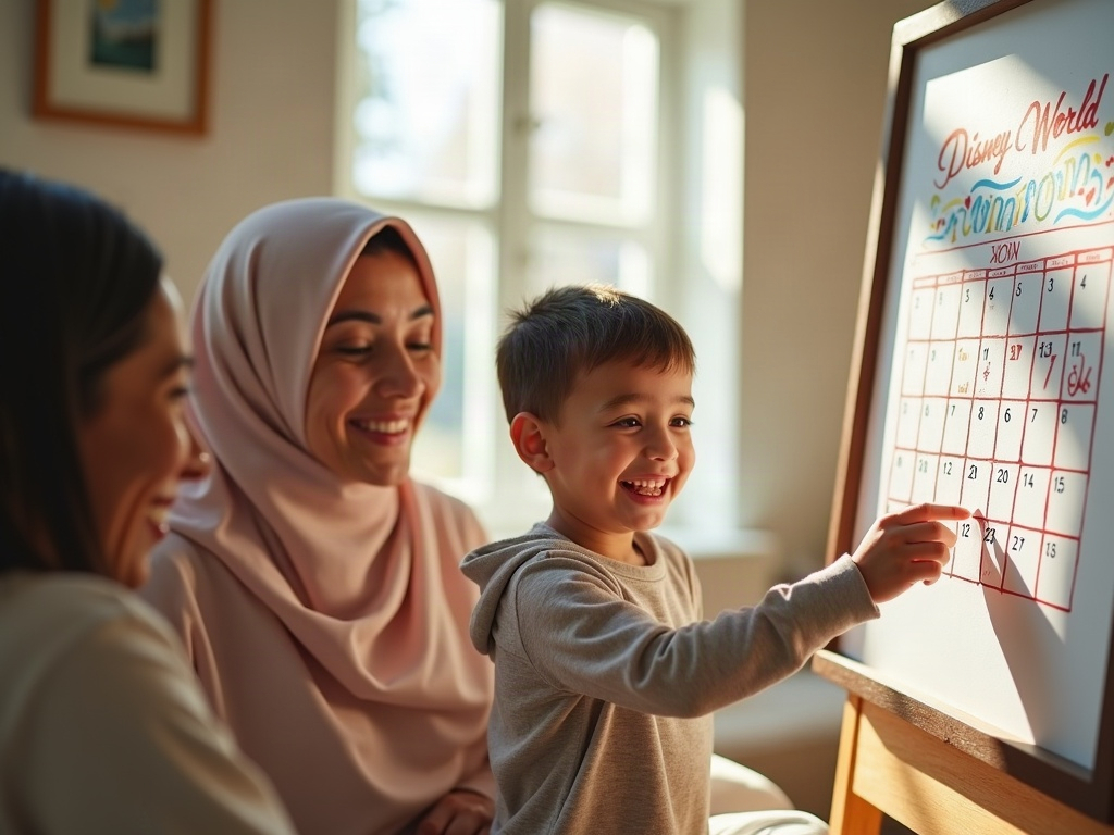 Child marking off days on a countdown calendar or looking at a visual itinerary.