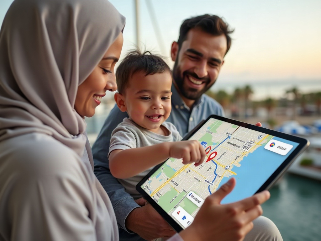 Child looking at photos of a hotel room or destination on a tablet.