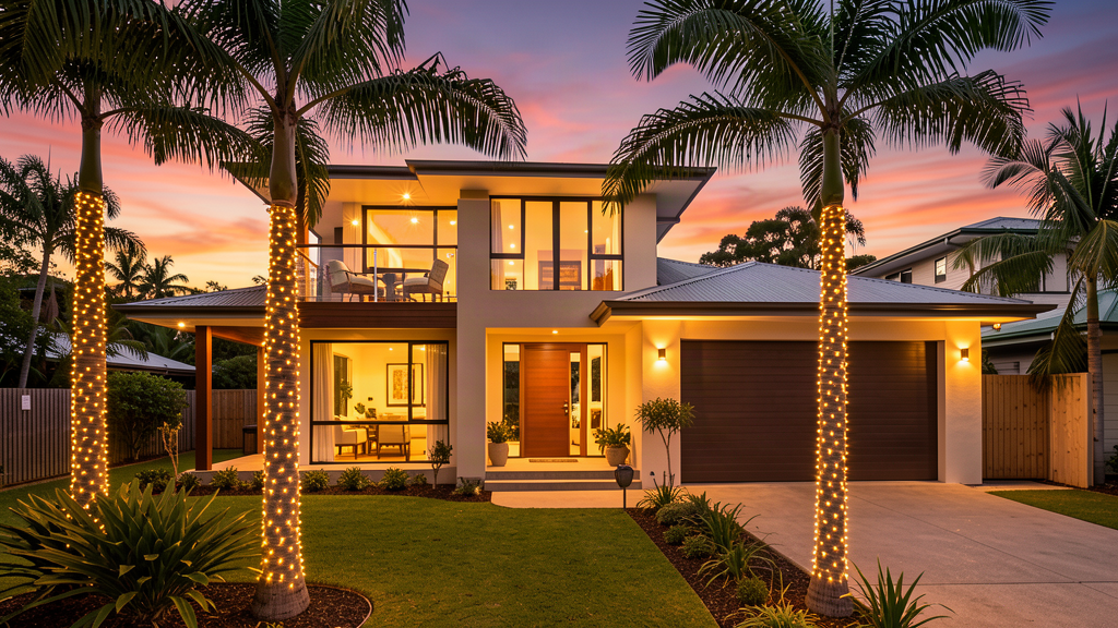 Modern beach house at Trinity Beach decorated with warm golden Christmas lights