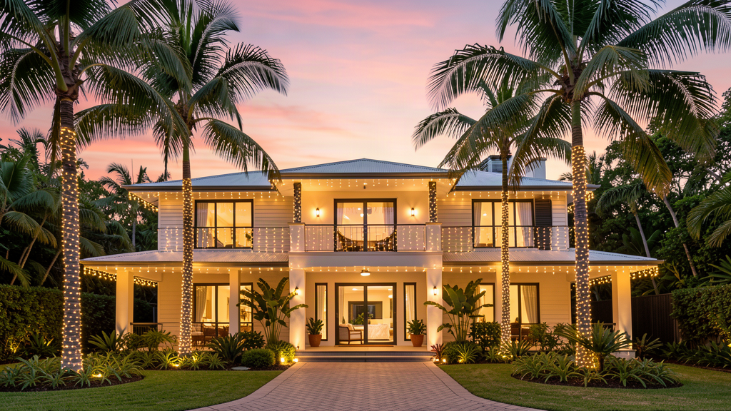 Luxury tropical home at Palm Cove wrapped in warm white Christmas fairy lights