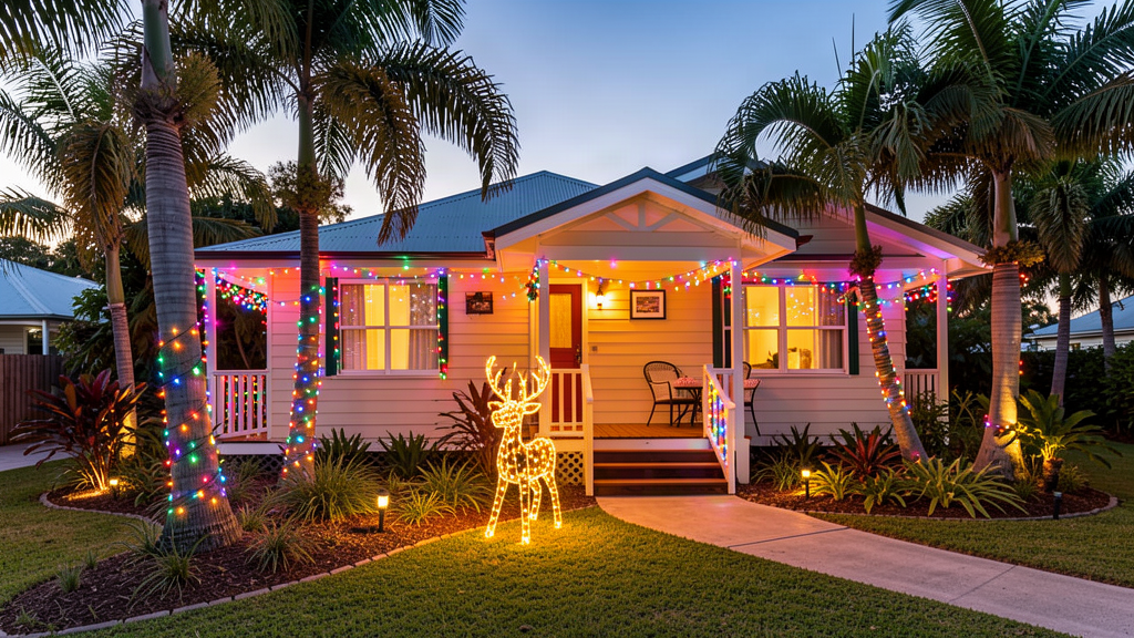 Charming Queenslander cottage at Yorkeys Knob with colorful Christmas lights and reindeer display