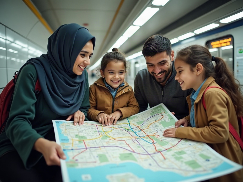 A family collaboratively looking at a subway map in a bustling city station, illustrating shared problem-solving.