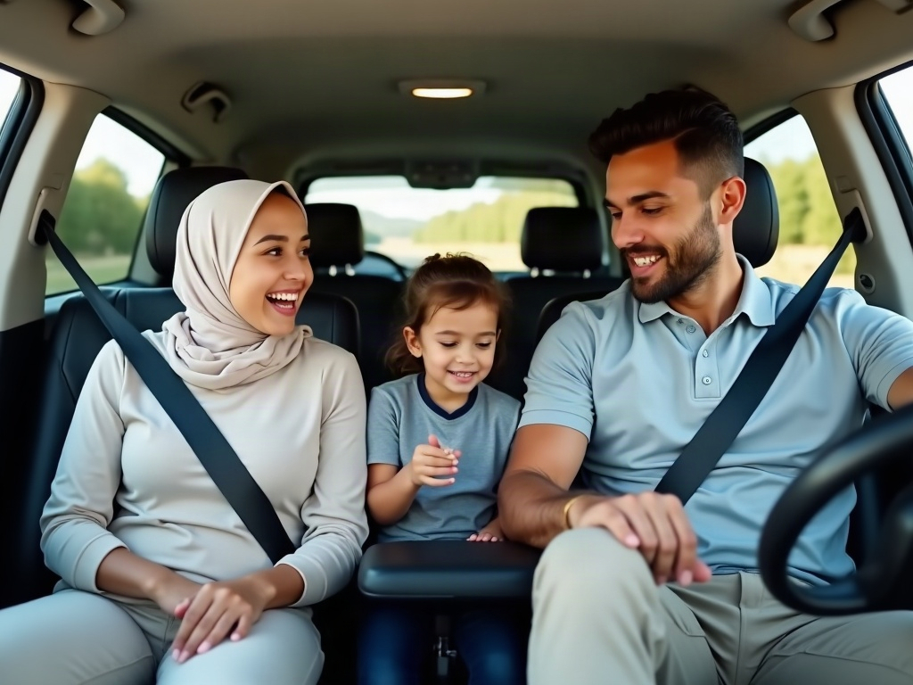 A family vehicle driving down a scenic highway flanked by mountains, illustrating the concept of the journey being the destination.