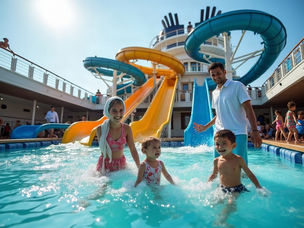 A massive, brightly colored water slide complex located on a cruise line's private island.