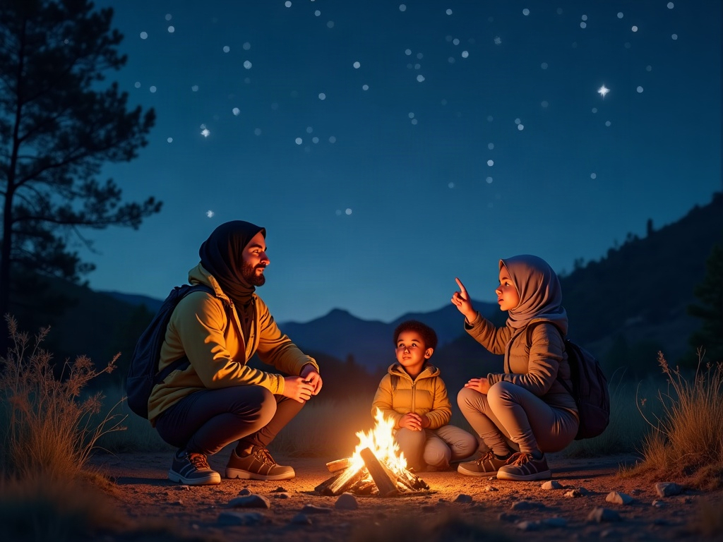 A family roasting marshmallows around a campfire at dusk, illustrating sensory immersion.