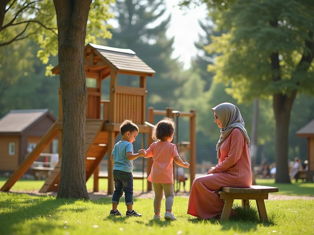 A family setting up a tent in a cleared, developed campsite surrounded by dense forest.