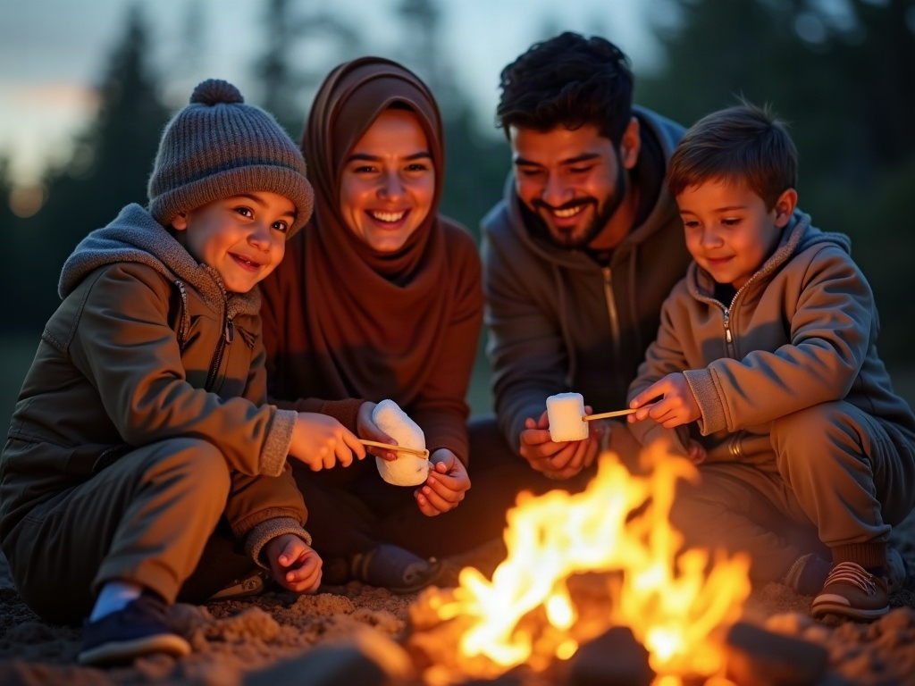 A family roasting marshmallows together over a campfire in the evening.
