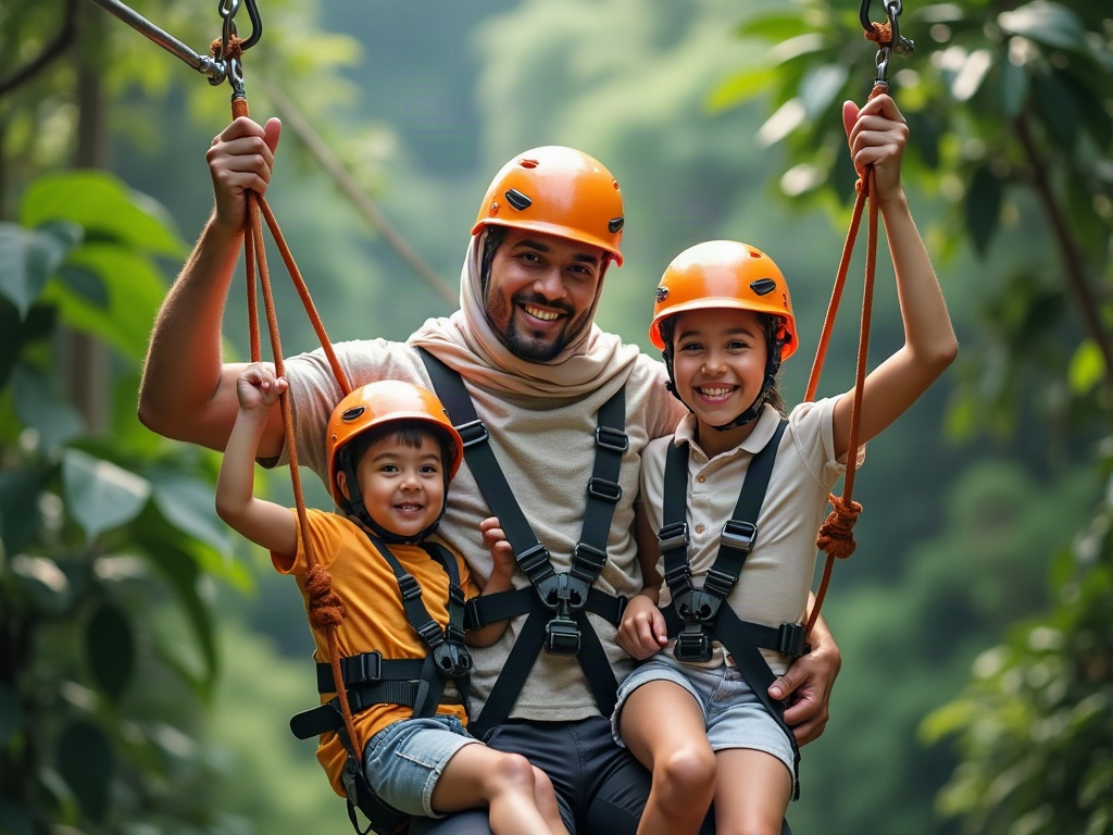 A family safely navigating a guided canopy walk, demonstrating high perceived risk with low objective hazard.