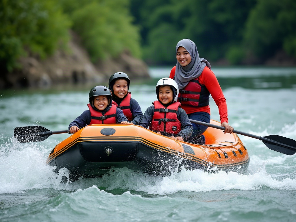 A family adjusting activity intensity: younger children observing a rapid from shore while teens and parents prepare to navigate it.