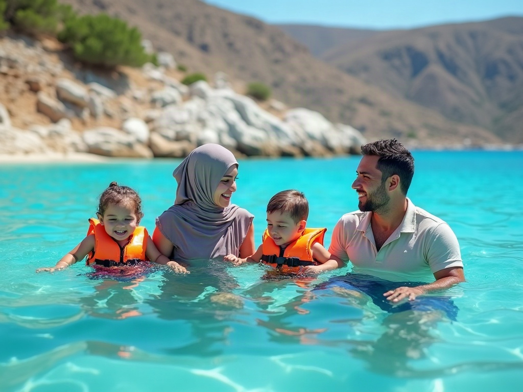A family working together to navigate a rapid during a guided whitewater rafting trip.